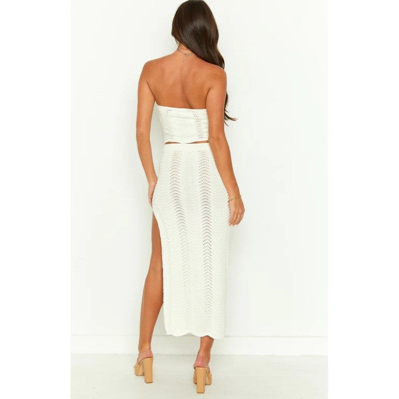 Women's Set – Strapless Crop Top with Cutout – Knitted Maxi Skirt with Slit