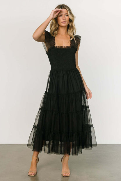 Women's Dress – Smocked Bodice – Layered Mesh Skirt – Sleeveless with Ruffle Details