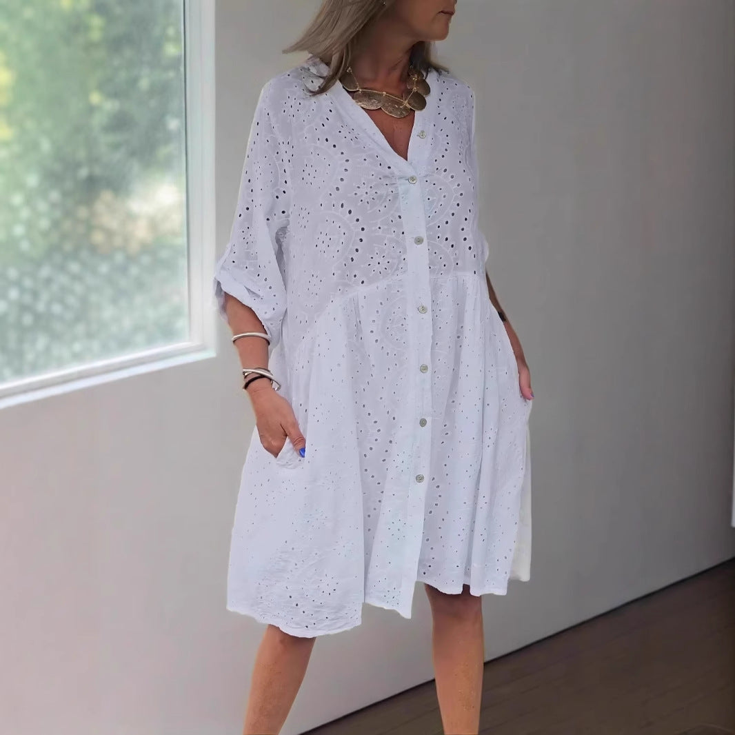 Women's Midi Dress – A-Line Fit – Embroidered Lace – V-Neck Button Closure – With Pockets