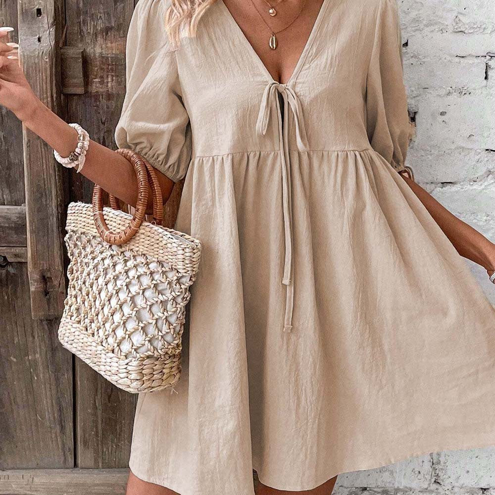 Dress for Women – A-line Fit – V-neck – Tie Belt – Breathable Fabric