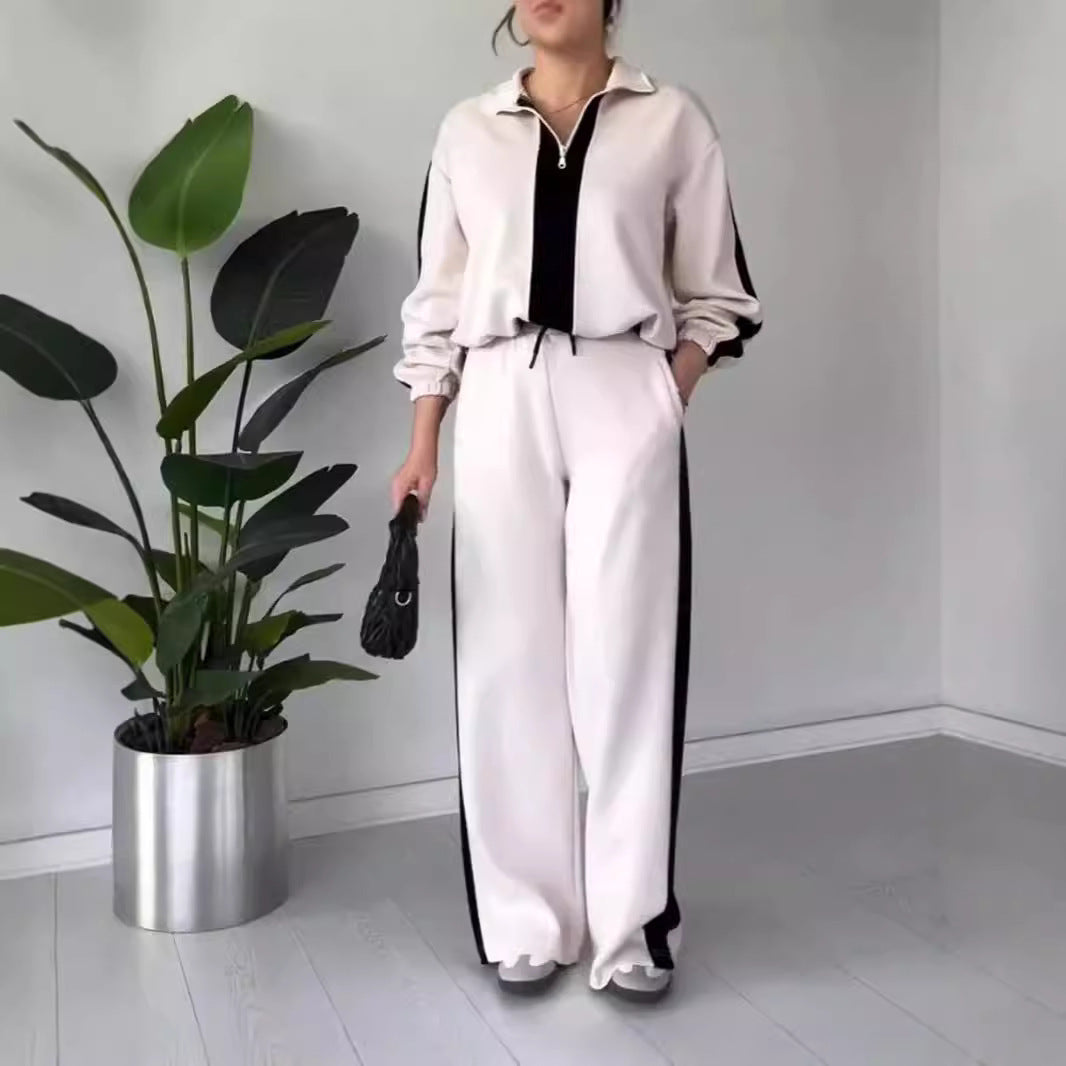 Women's Two-piece Set – Casual Fit Zip Collar Top & Wide Pants – Breathable Design