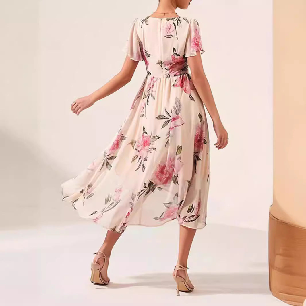 Dress for Women – Floral Print – V-Neck – Ruffle Sleeves – Tie Belt – High-Low Hem