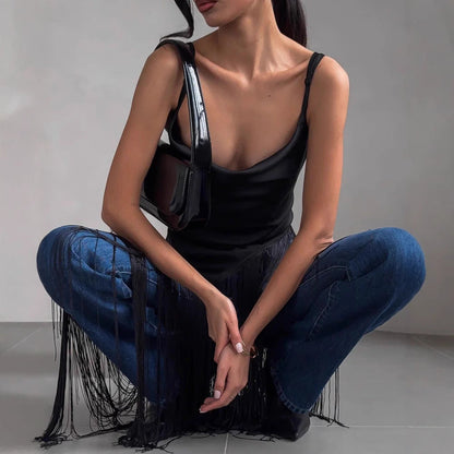 Women's Sleeveless Top – Satin – Slim Fit – Deep V-Neck – Asymmetric Fringe