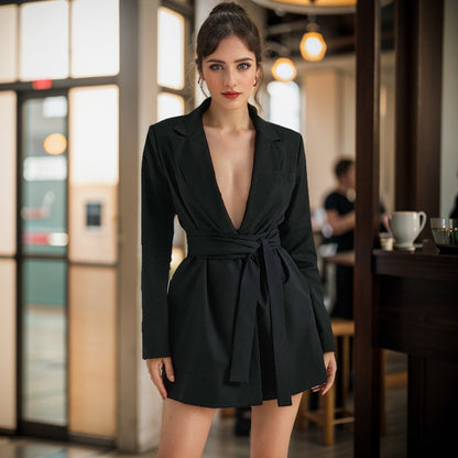 Women's Blazer – Slim Fit – Waistband – Long Sleeves – Mid-Length – V-Neck