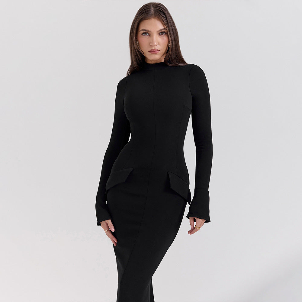 Women's Maxi Dress – Slim Fit – Round Neck – Long Sleeves – Elegant Formal Cut