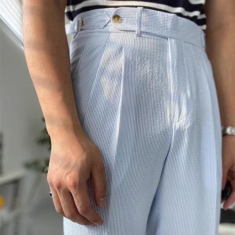 Men's Trousers – Straight Leg – High Waist – Front Pleats – Textured Breathable Fabric