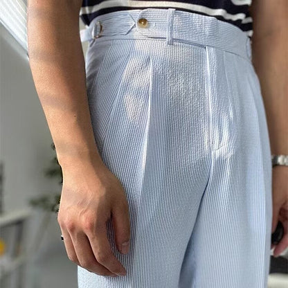 Men's Trousers – Straight Leg – High Waist – Front Pleats – Textured Breathable Fabric