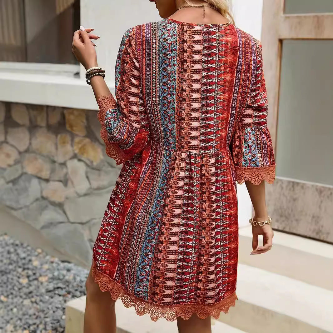 Women's Dress – A-Line Fit – Boho Pattern – V-Neck – 3/4 Sleeves – Lace – Breathable