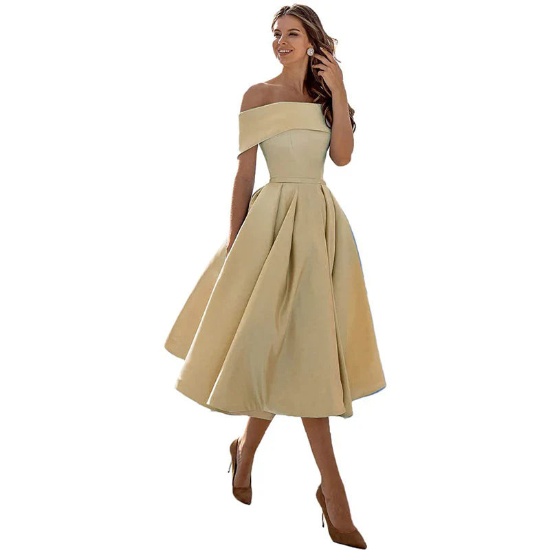 Women's Midi Dress - Elegant Off-Shoulder - Fit & Flare - Formal Party Look