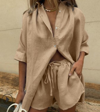 Women's Set – Casual Shirt and High-Waisted Shorts – Light and Breathable Linen Look