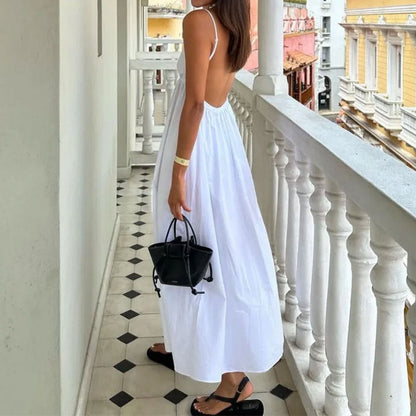 Women's Maxi Dress – Lightweight Cotton – V-Neck – Spaghetti Straps – Open Back