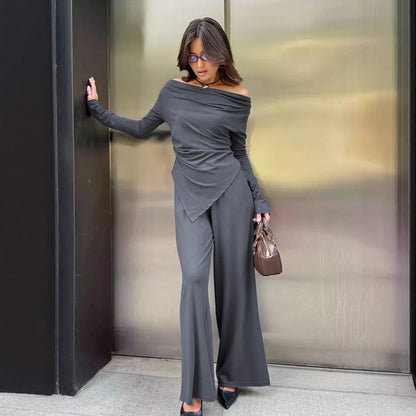 Women's Set – Off-Shoulder Top Asymmetric Cut – Wide Pants – Soft Stretch Knit