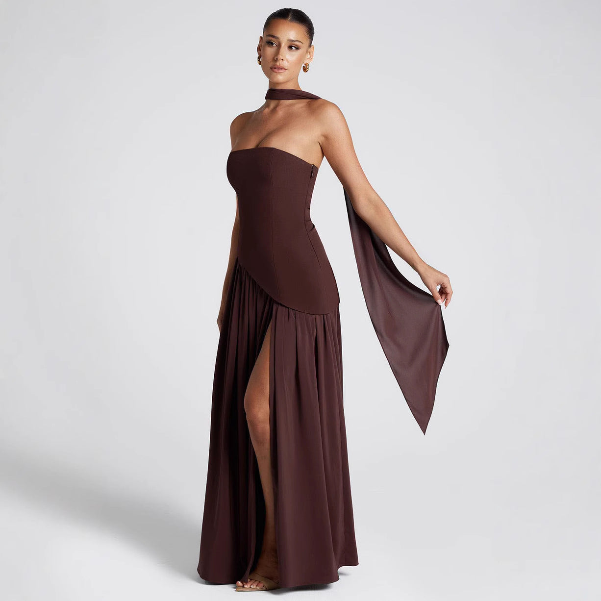 Women's Evening Dress – Strapless – Asymmetric Top – Slit – Long Flowing Skirt