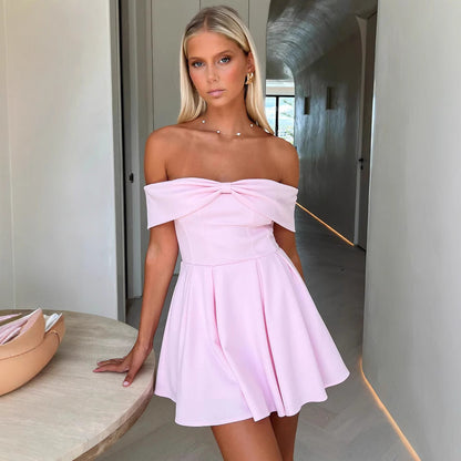 Women's Dress – Off Shoulder Mini – A-line Cut – Light and Breathable Material – Bow Detail