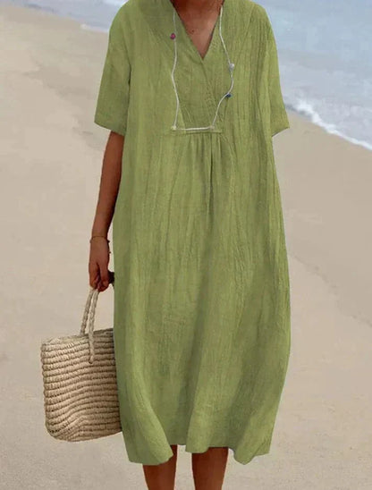 Women's Caftan Dress - Light and Breathable - Loose Fit - V-neck Short Sleeves