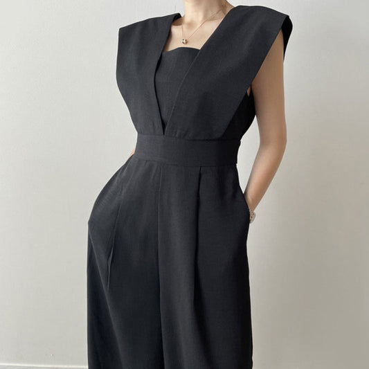 Women's Sleeveless Jumpsuit - Square Neckline - High Waist - Wide Legs - Full Length