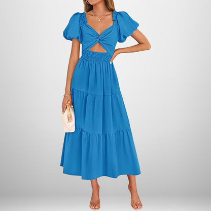 Women's Long Dress – V-Neck – Puff Sleeves – Smocked Waist – A-Line with Ruffles
