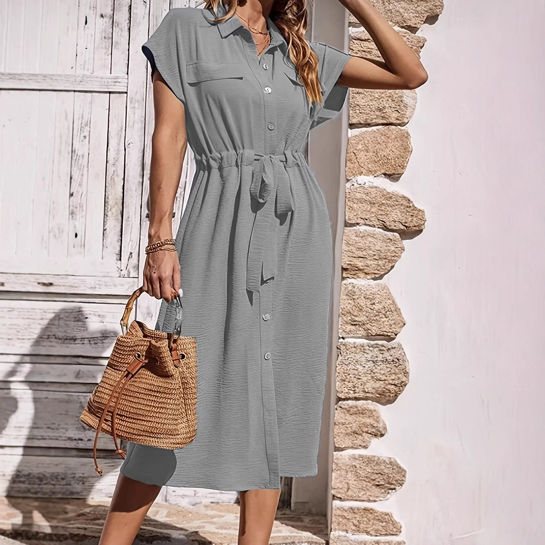 Women's Shirt Dress – Lightweight Cotton Blend – Tie Belt – Midi – Short Sleeves – Relaxed Fit