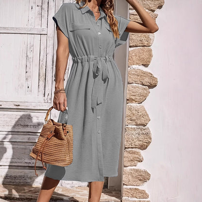 Women's Shirt Dress – Lightweight Cotton Blend – Tie Belt – Midi – Short Sleeves – Relaxed Fit