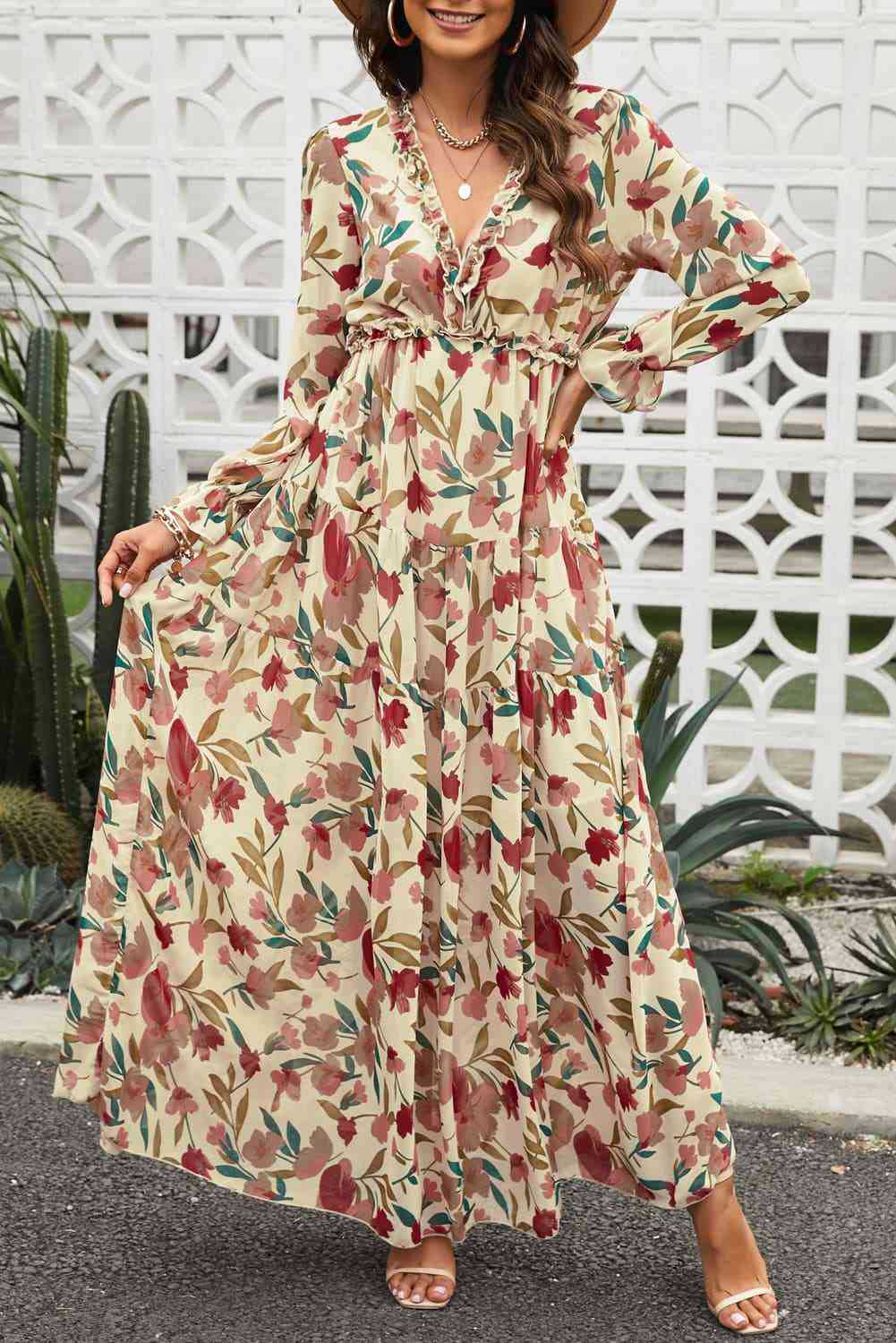 Women's Maxi Dress – Chiffon – Bohemian Fit – V-neck – Long Sleeves – Floral Print
