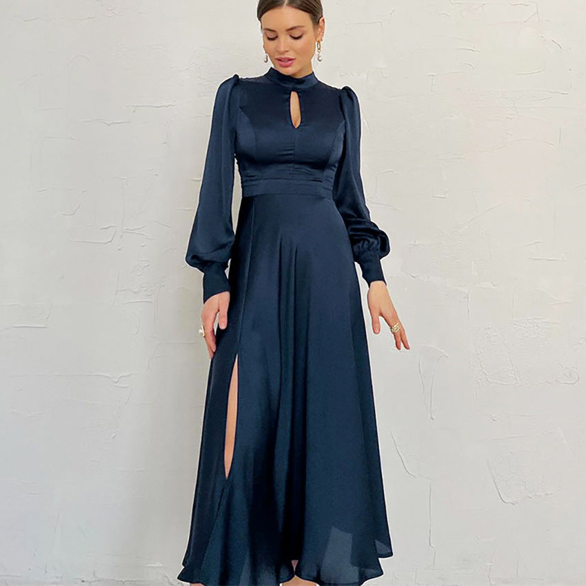 Dress for Women – Long A-line – Satin – High Neck – Puff Sleeves – Elegant Fit