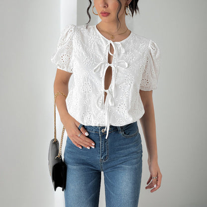 Women's Blouse – Relaxed Fit – Lace Cutouts – Puff Sleeves – Front Tie