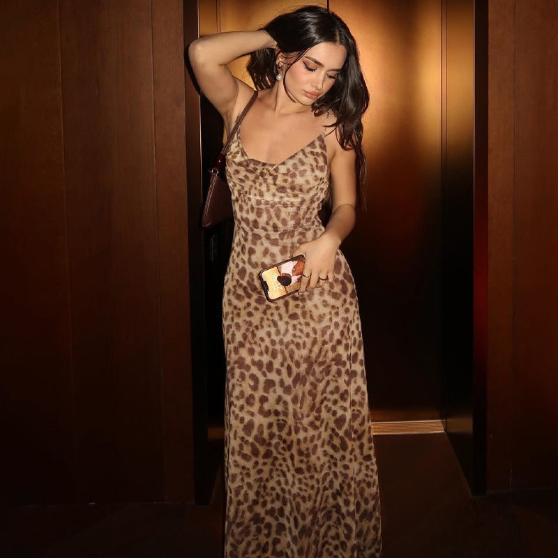 Women's Slip Dress – Slim Fit – Satin Look – Open Back – Spaghetti Straps – Leopard Print