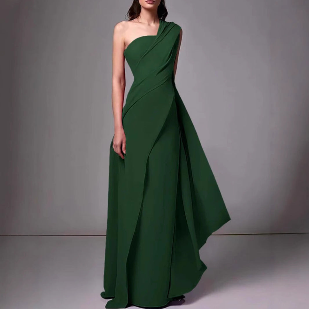 Women's Evening Dress – Floor-Length – Slim Fit – Asymmetric One Shoulder – Elegant Draping