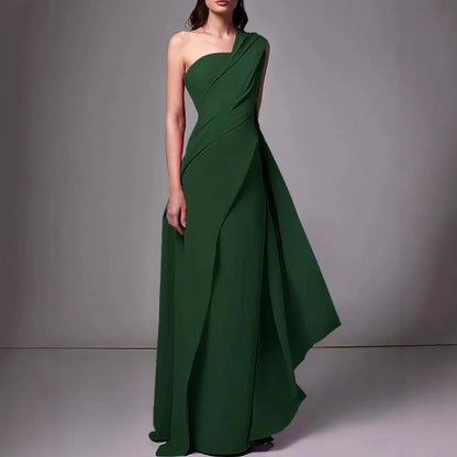 Women's Evening Dress – Floor-Length – Slim Fit – Asymmetric One Shoulder – Elegant Draping