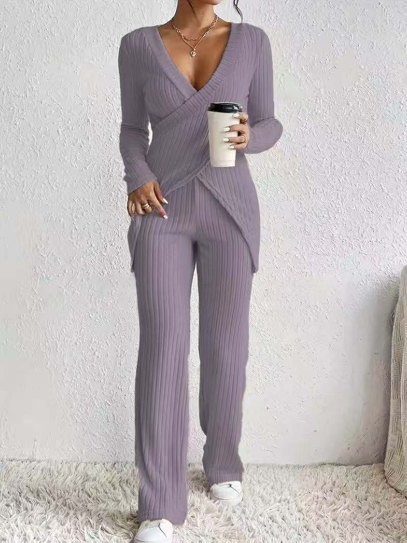 Women's Set in Ribbed Material – Wrap Blouse with Long Sleeves – Loose Pants