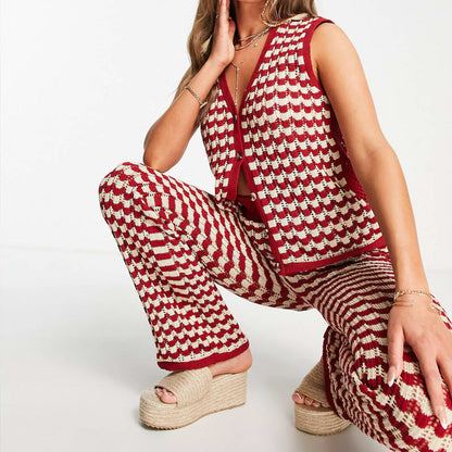 Women's Set with Vest and Pants – Knit – V-Neck – Buttons – Wide Legs – Elastic Waist