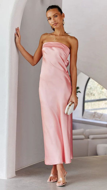 Women's Maxi Dress – Satin – Strapless – Slim Fit – Elegant Evening Dress
