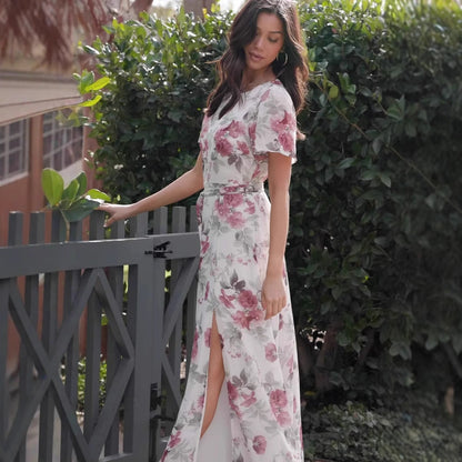 Women's Maxi Dress – Slim Fit – Short Sleeve – Round Neck – Floral Print – Front Slit