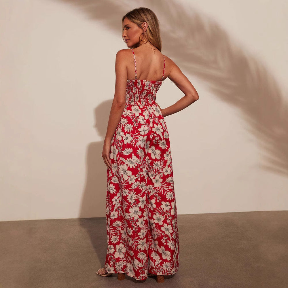 Women’s Jumpsuit – Floral Print – Wide Leg – Spaghetti Straps – Smocked Bodice