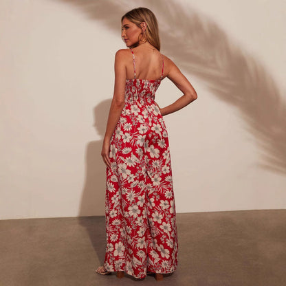 Women’s Jumpsuit – Floral Print – Wide Leg – Spaghetti Straps – Smocked Bodice
