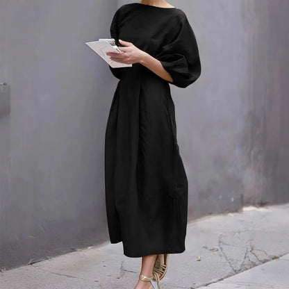 Women's Long Dress – Loose Fit – Puff Sleeves – Round Neck – Light and Breathable