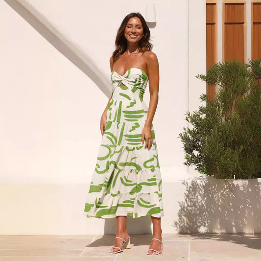 Women's Maxi Dress – Lightweight Fabric – A-Line Fit – V-Neck – Open Back with Tie Strings