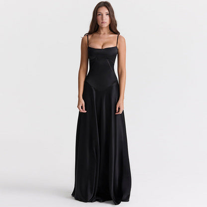 Women's Evening Dress – Satin – A-line Fit – Spaghetti Straps – Cut-out Waist