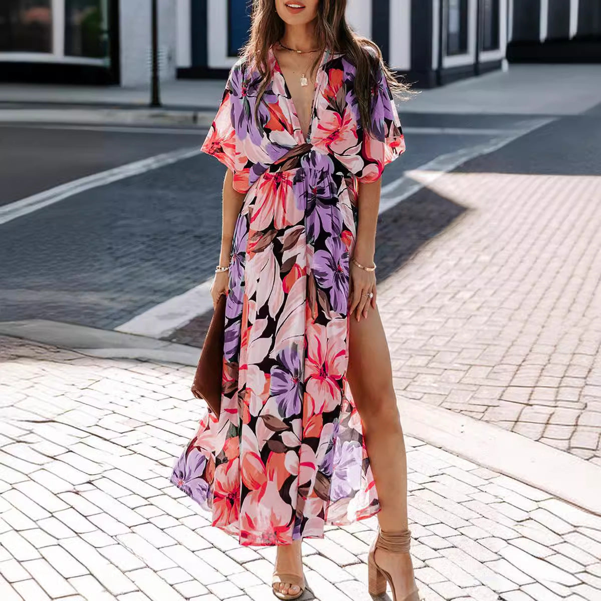 Women's Maxi Dress – Light and Breathable – High Waist – V-Neck – Slit – Floral Pattern