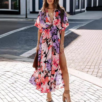 Women's Maxi Dress – Light and Breathable – High Waist – V-Neck – Slit – Floral Pattern