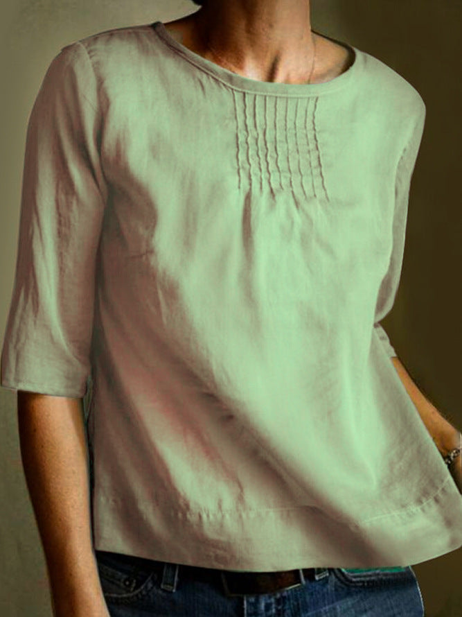 Women's Blouse – Cotton Linen Mix – Loose Fit – 3/4 Sleeves – Pleated Front