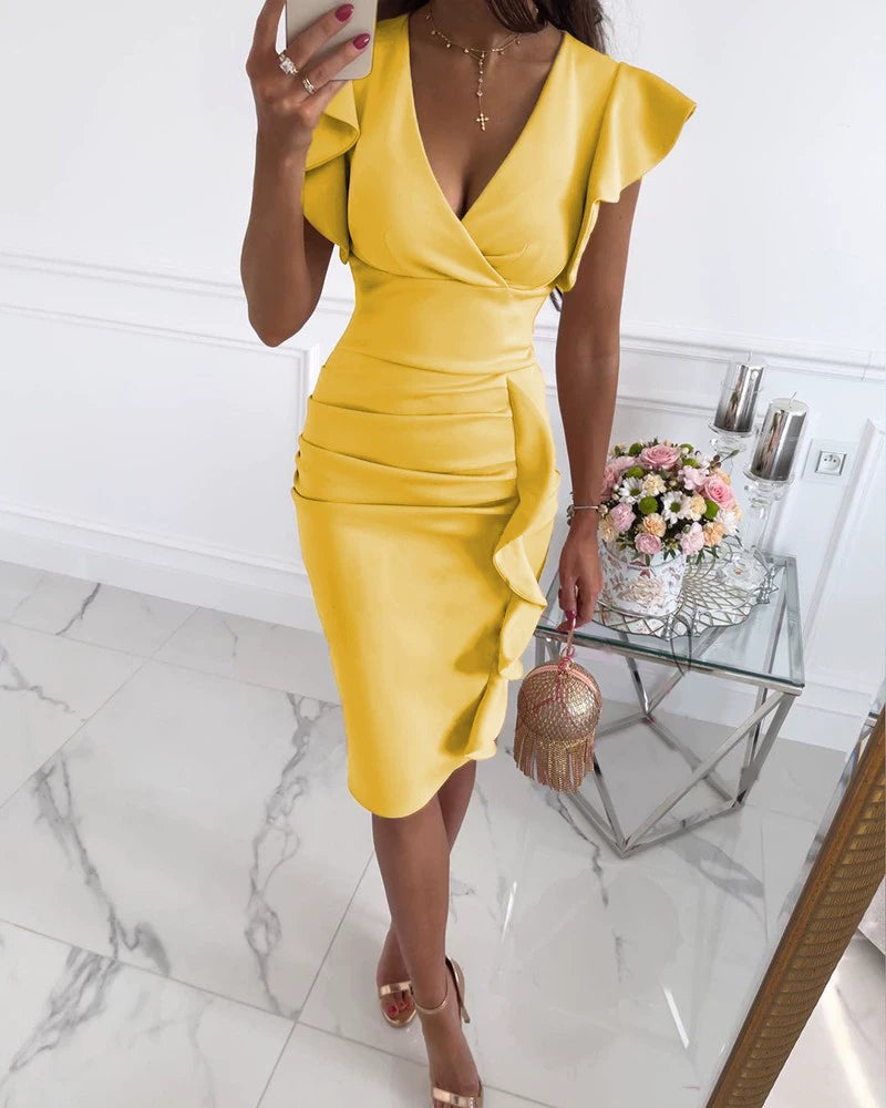 Women's Bodycon Dress - V-Neck Wrap - Long Sleeves with Ruffle Detail - Elegant Midi