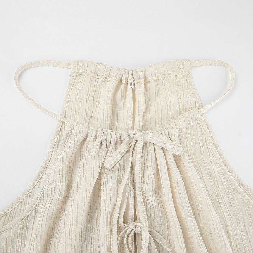 Women's Two-Piece Set – Sleeveless Tie Top with Spaghetti Straps – High-Waisted Wide-Leg Pants