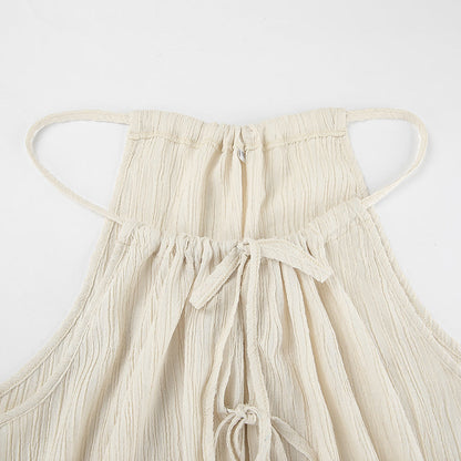 Women's Two-Piece Set – Sleeveless Tie Top with Spaghetti Straps – High-Waisted Wide-Leg Pants