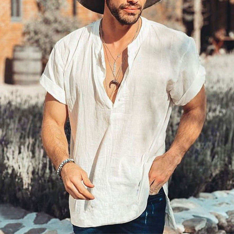 Men's Shirt – Relaxed Fit – Short Sleeve – V-Neck – Breathable Natural Material