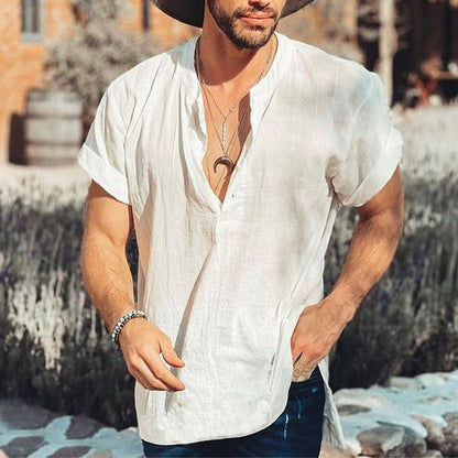 Men's Shirt – Relaxed Fit – Short Sleeve – V-Neck – Breathable Natural Material