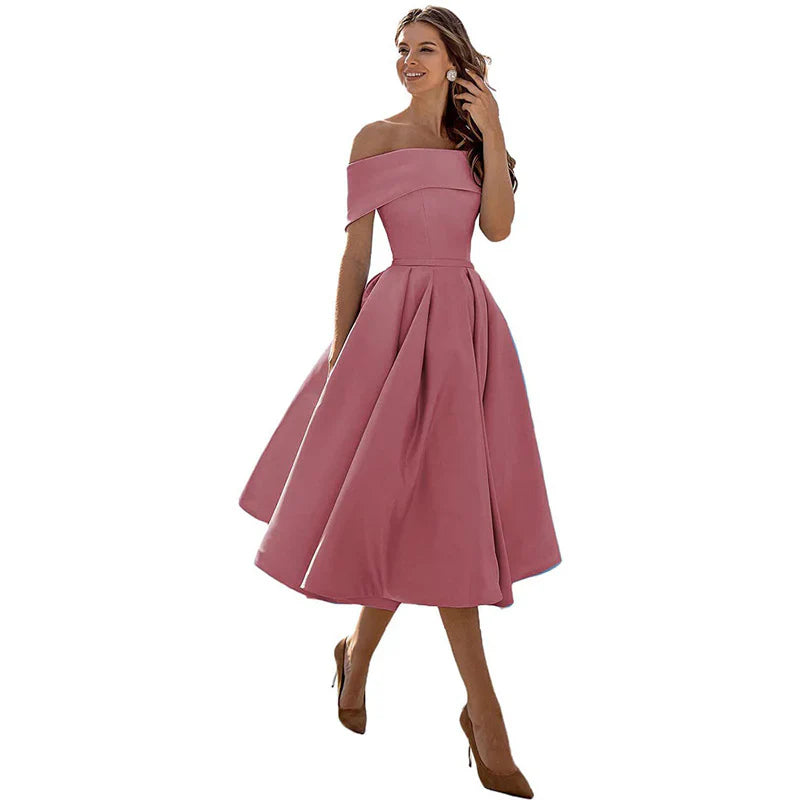 Women's Midi Dress - Elegant Off-Shoulder - Fit & Flare - Formal Party Look