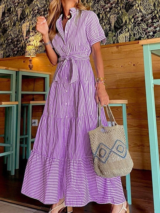 Dress for Women – Midi Length – Relaxed Fit – Belt at Waist – Button Closure