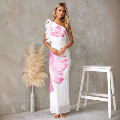 Dress for Women – One-Shoulder – Slim Fit – Ruched Details – Floral Pattern – Full Length