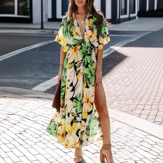 Women's Maxi Dress – Light and Breathable – High Waist – V-Neck – Slit – Floral Pattern